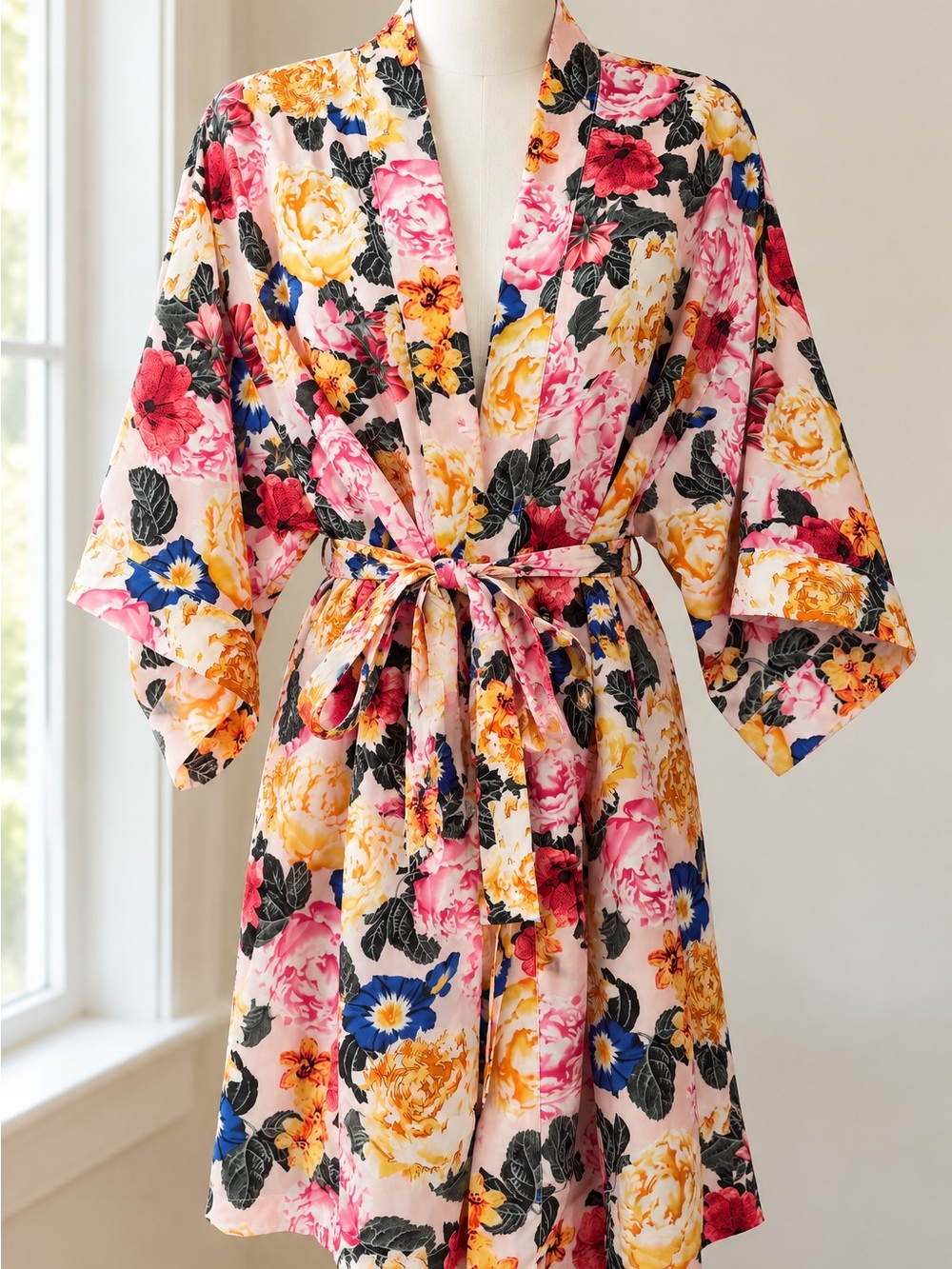 Buddy Love Floral Satin Kimono Robe OS Belted Bridal Getting Ready Lounge